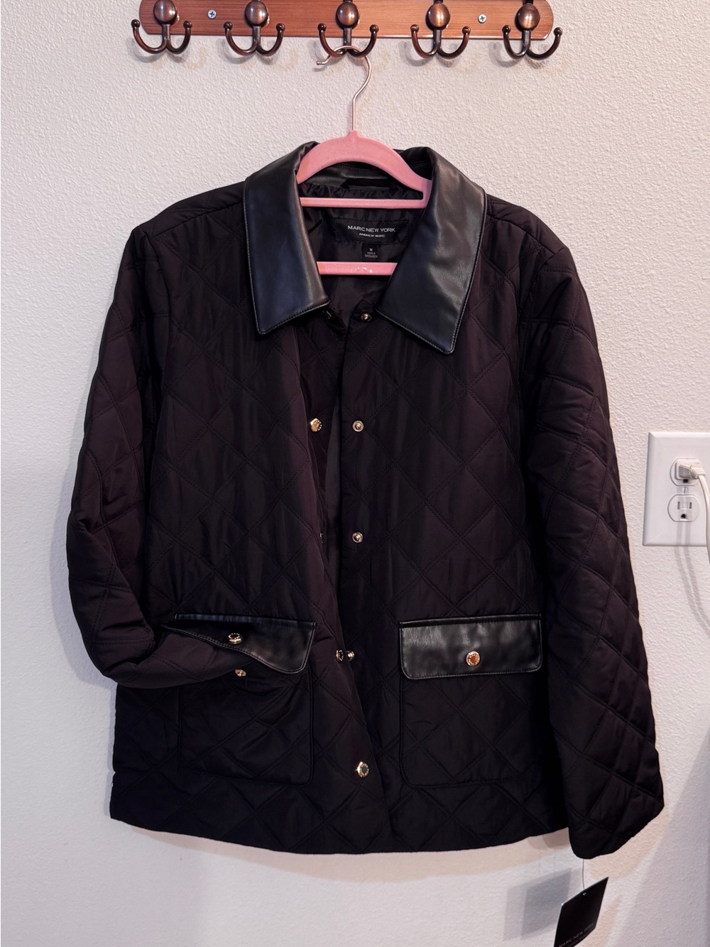 NWT!Marc New York Black Quilted Jacket with Leather-Trim Collar